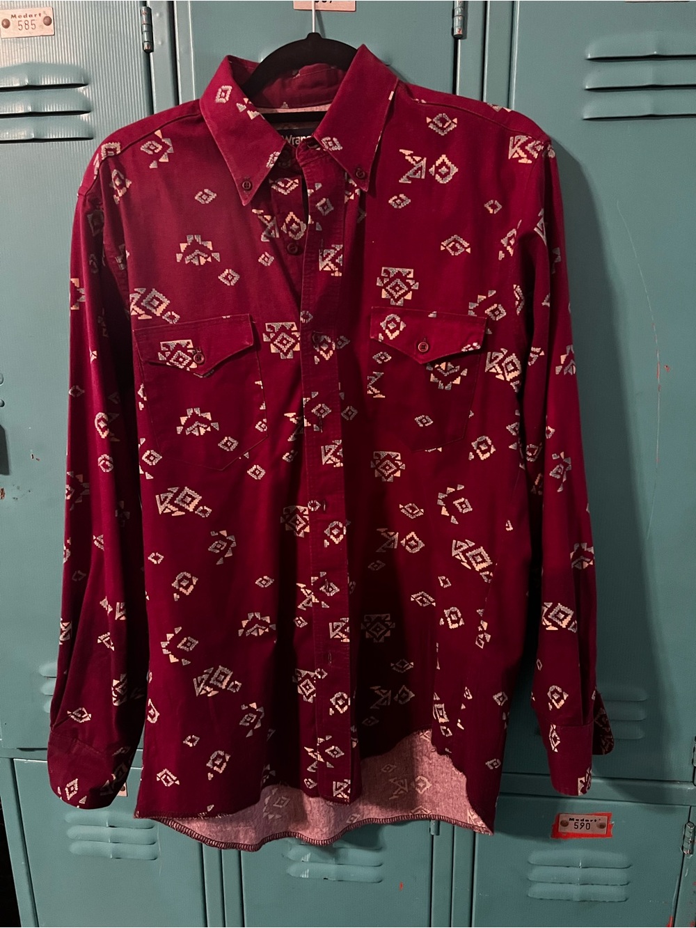Wrangler Burgundy Button-Down Shirt with White Geometric Print